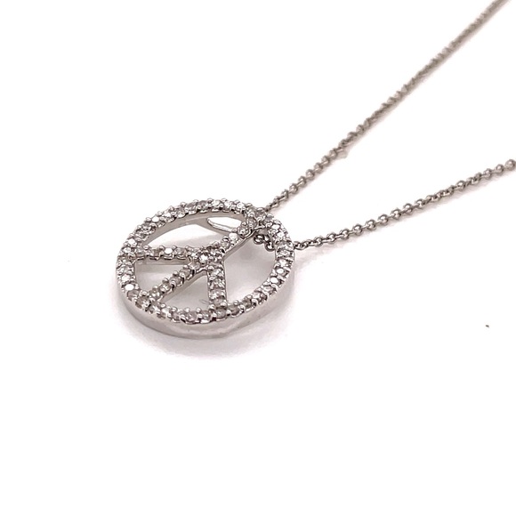 14KT White Gold Diamonds Round Peace Sign Pendant Necklace - Picture 1 of 6